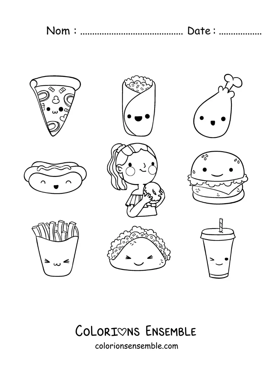 Image à colorier d'une fille avec des aliments animés de différentes saveurs