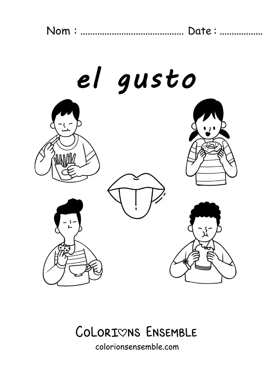 Image à colorier d'une langue et d'enfants qui mangent des aliments, avec le texte « le goût »