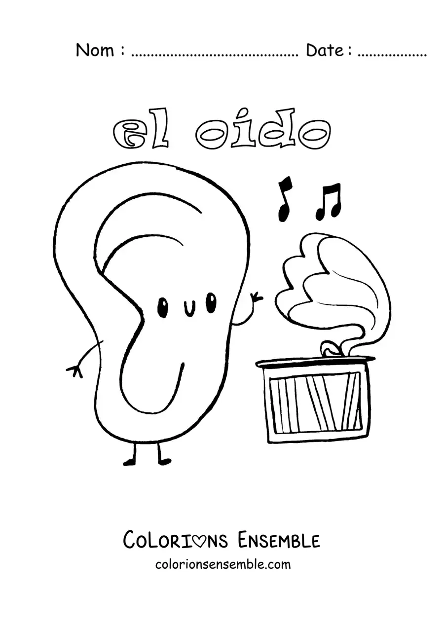 Image à colorier d'un dessin d'oreille animée qui écoute de la musique