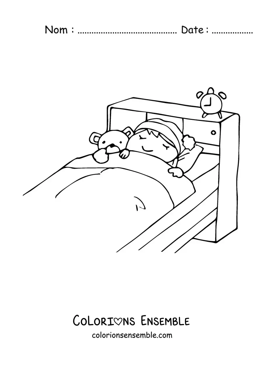 Image à colorier d'une petite fille dormant dans son lit