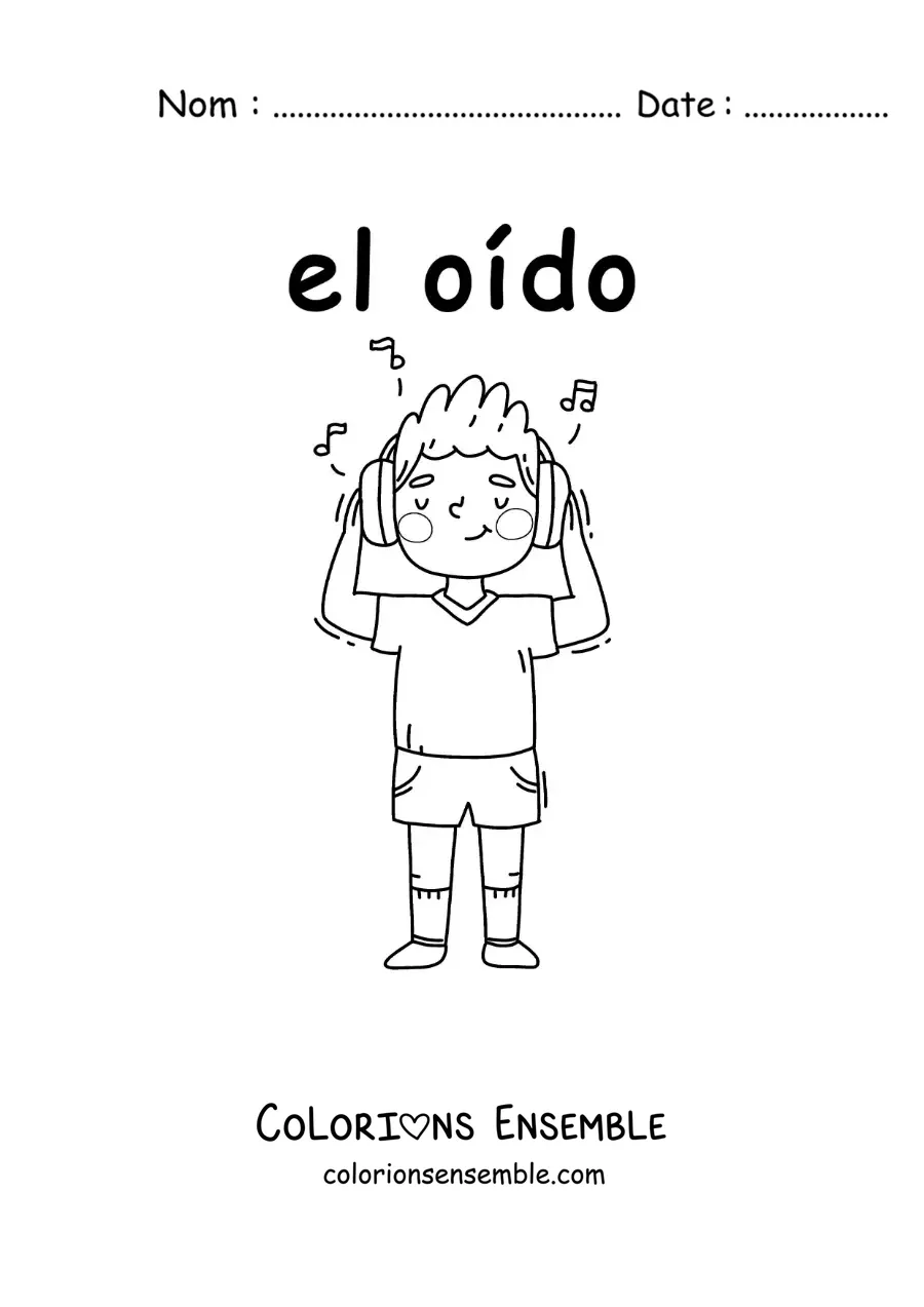 Image à colorier d'un petit garçon animé qui écoute de la musique avec ses oreilles