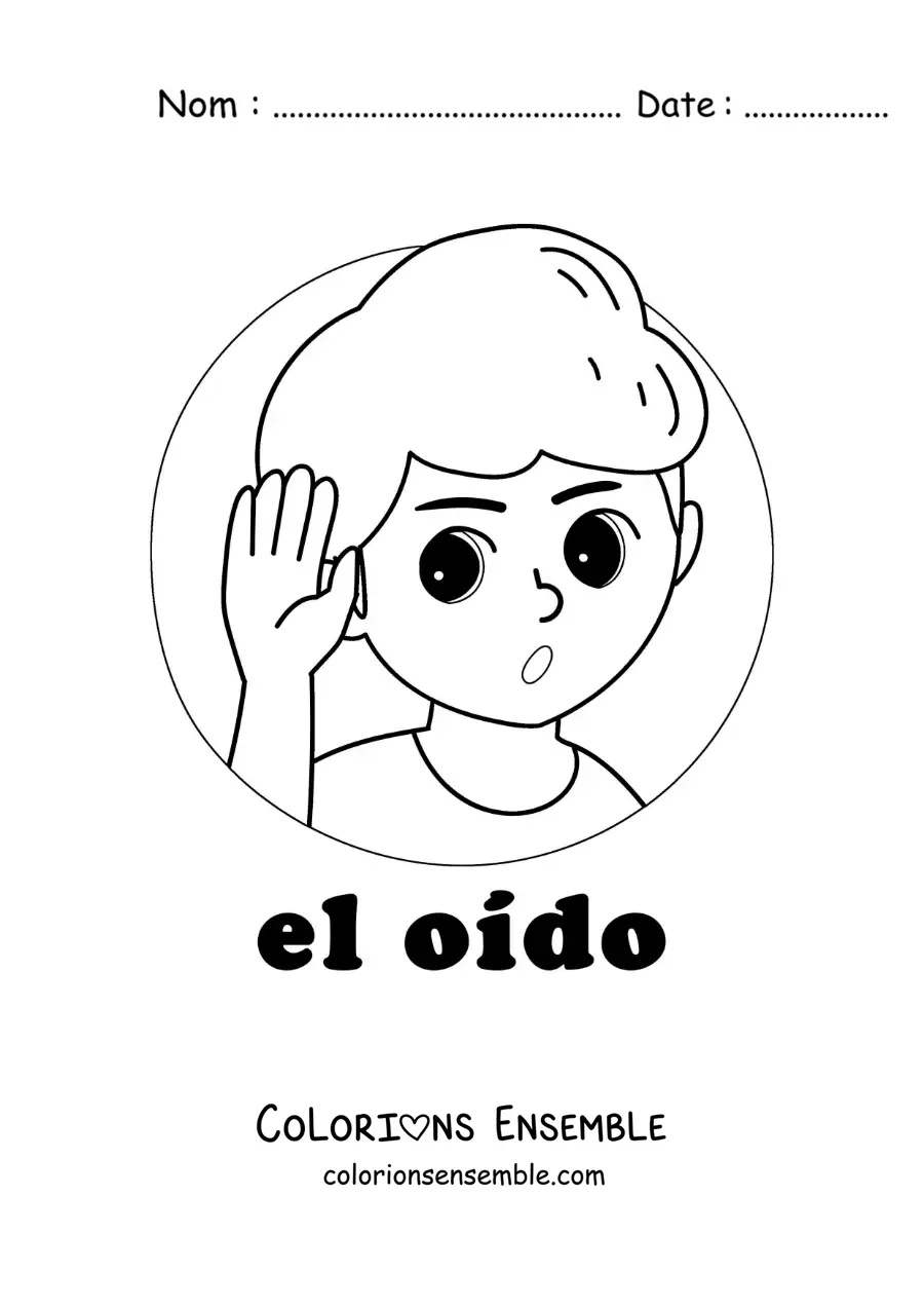 Image à colorier d'un petit garçon qui écoute un bruit avec son oreille