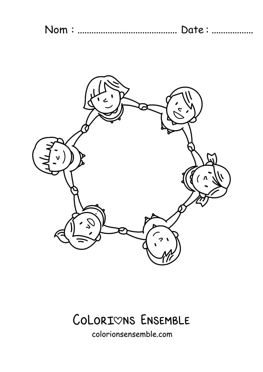 Image à colorier de plusieurs filles et garçons se tenant par la main en cercle