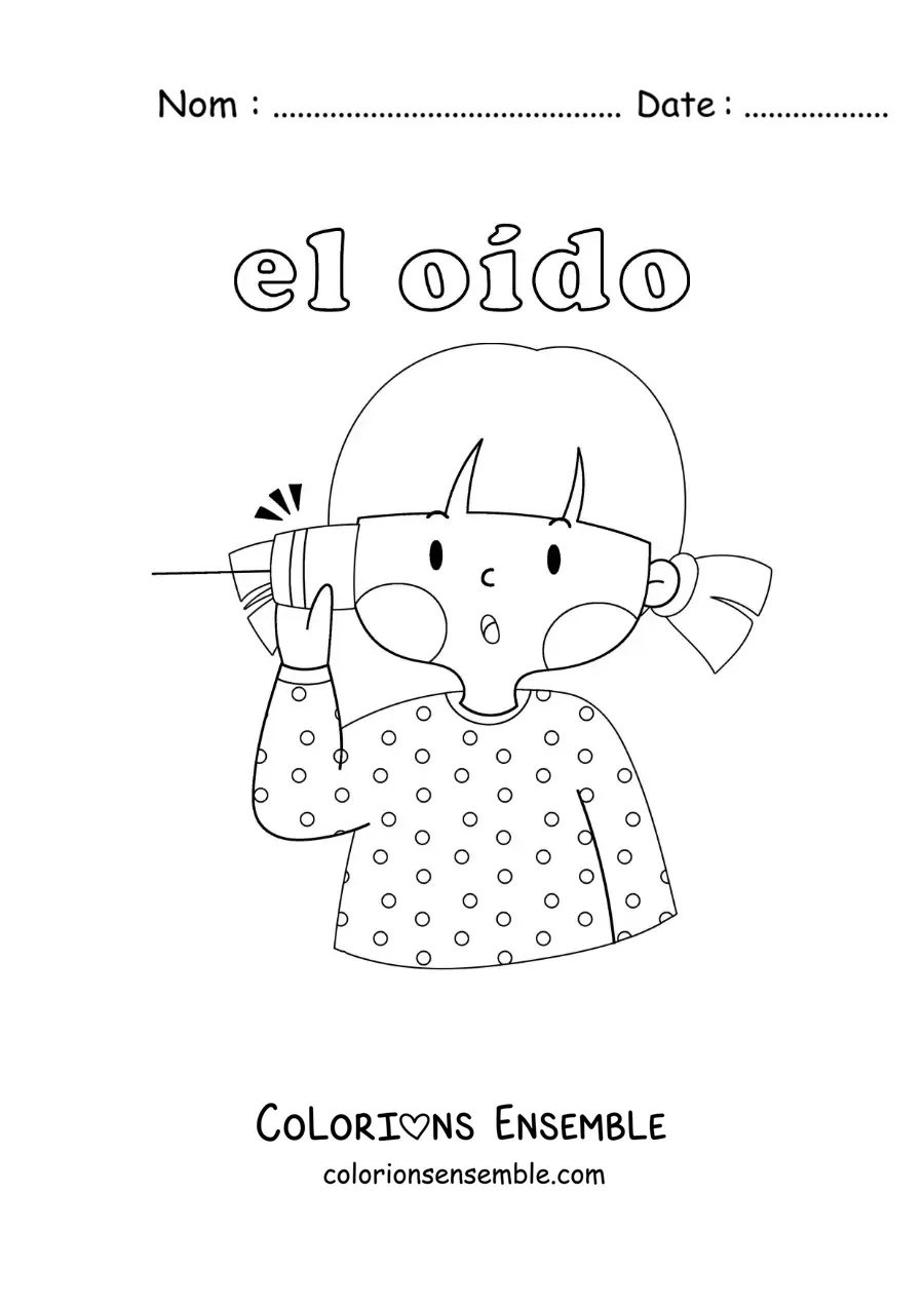 Image à colorier d'une fille qui écoute à travers un téléphone à gobelets