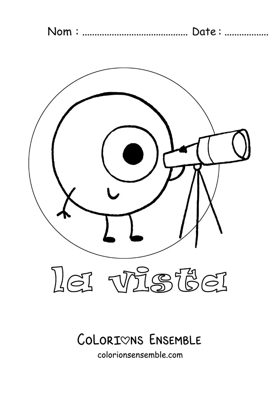 Image à colorier d'un œil animé qui regarde à travers un télescope
