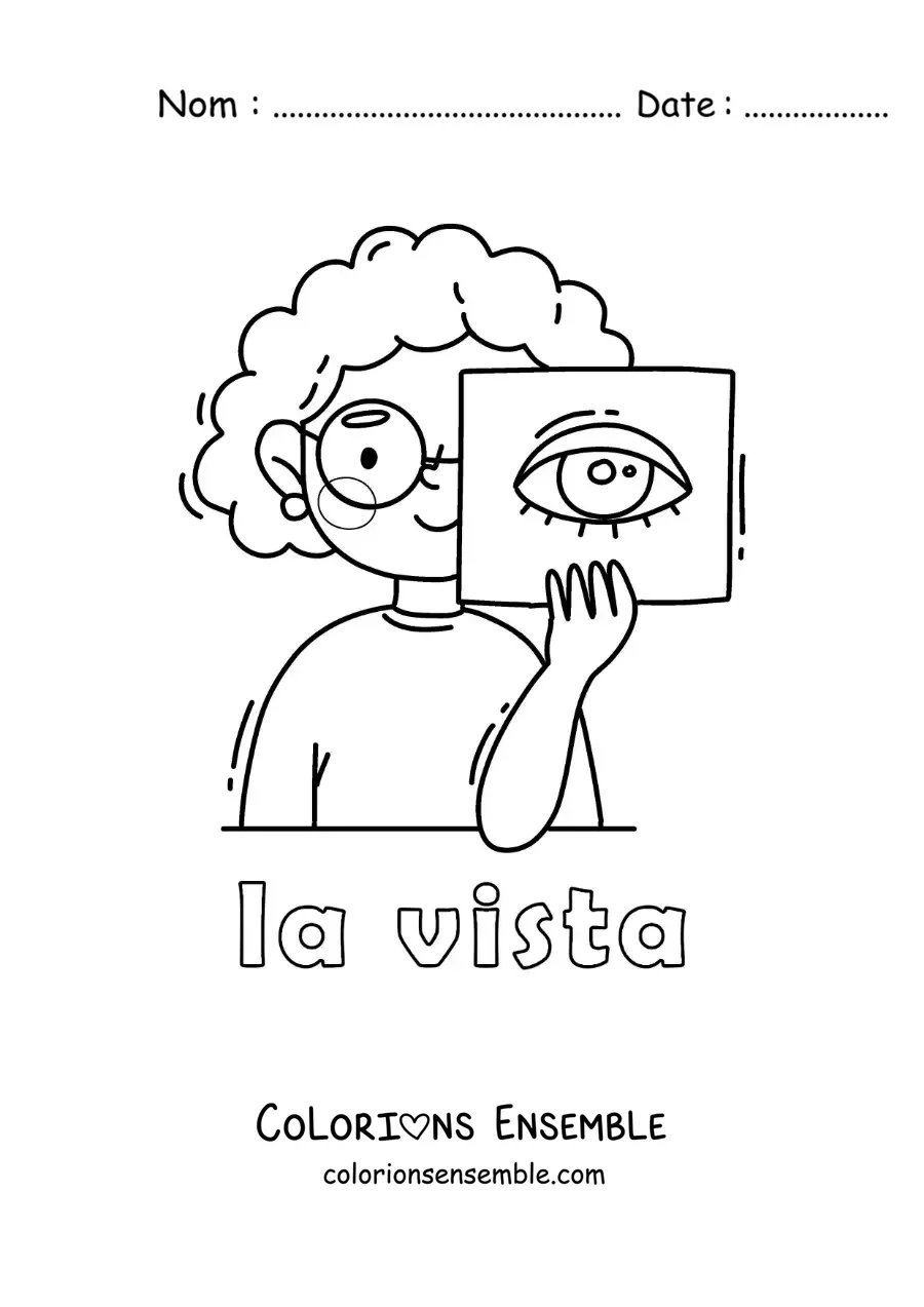 Image à colorier d'une fille qui montre son œil, avec le texte « la vue »
