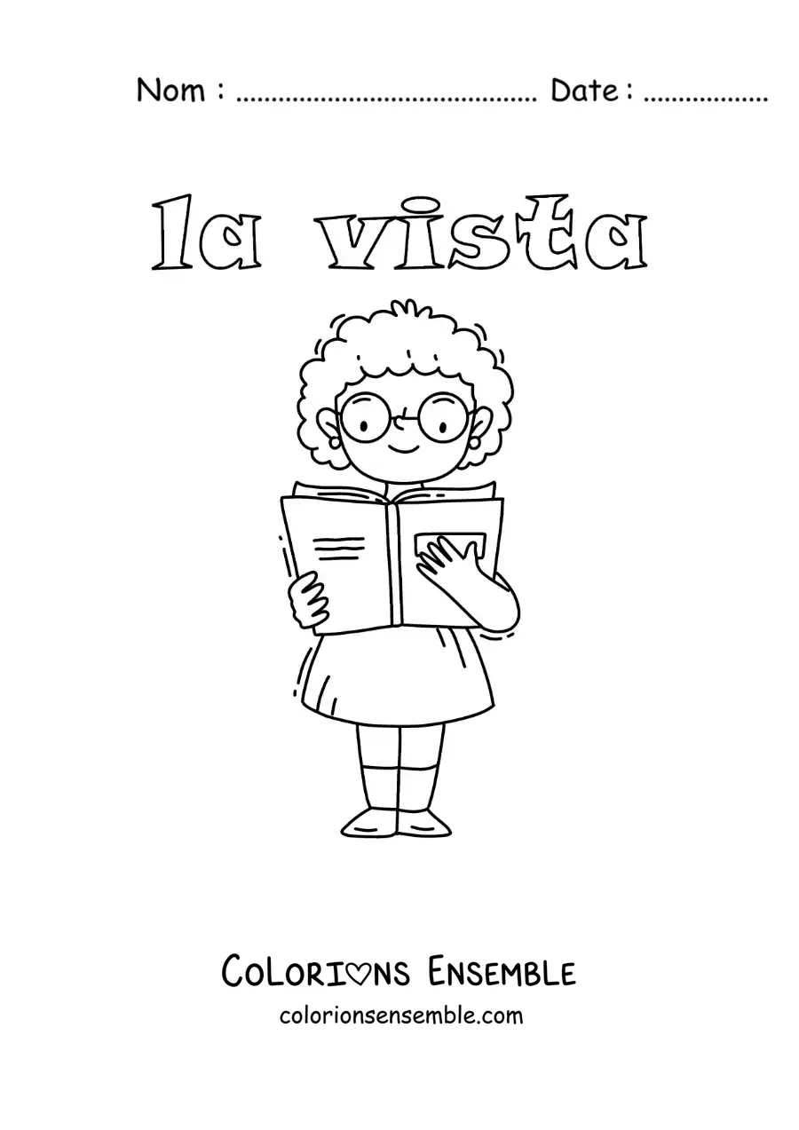 Image à colorier d'une fille avec des lunettes qui lit un livre