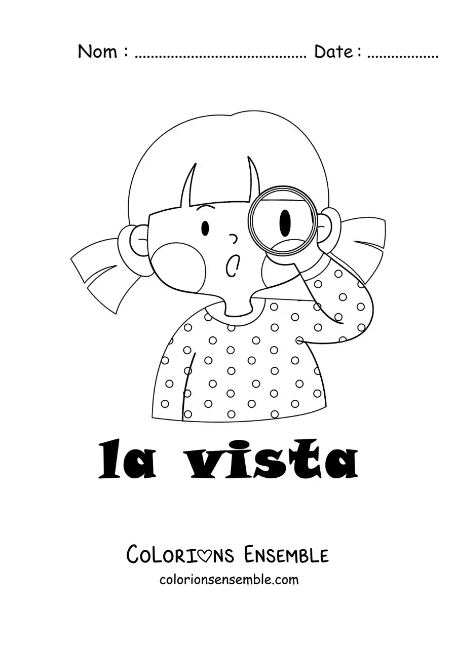 Image à colorier d'une fille qui regarde à travers une loupe