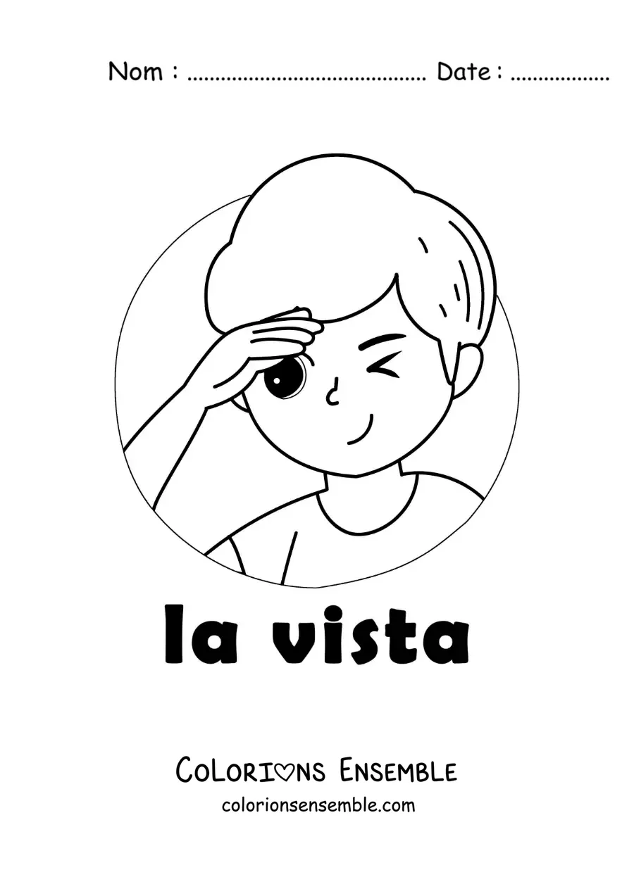 Image à colorier d'un enfant qui regarde au loin, avec le texte « la vue »