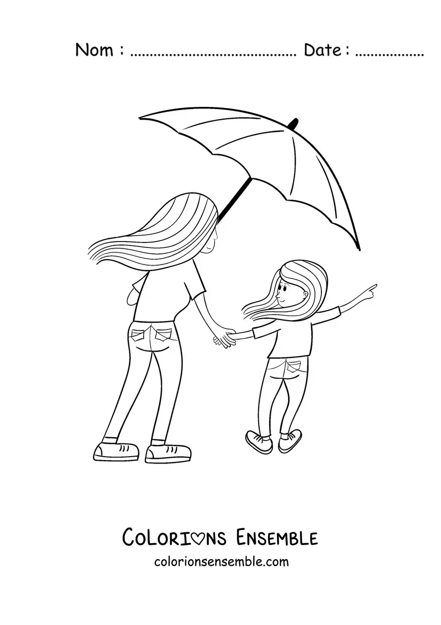 Image à colorier d'une mère et de sa fille partageant une ombrelle