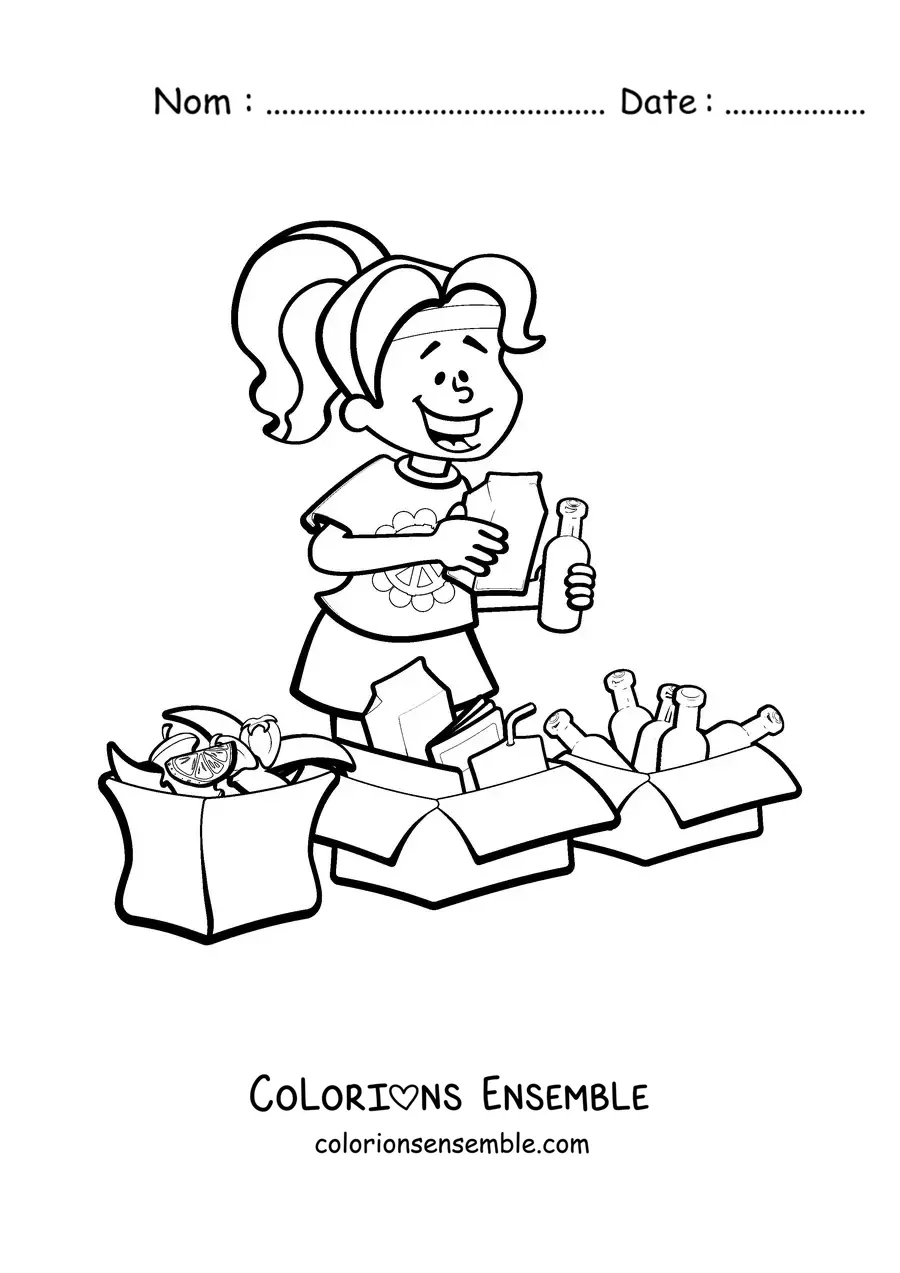 Image à colorier d'une petite fille en train de recycler