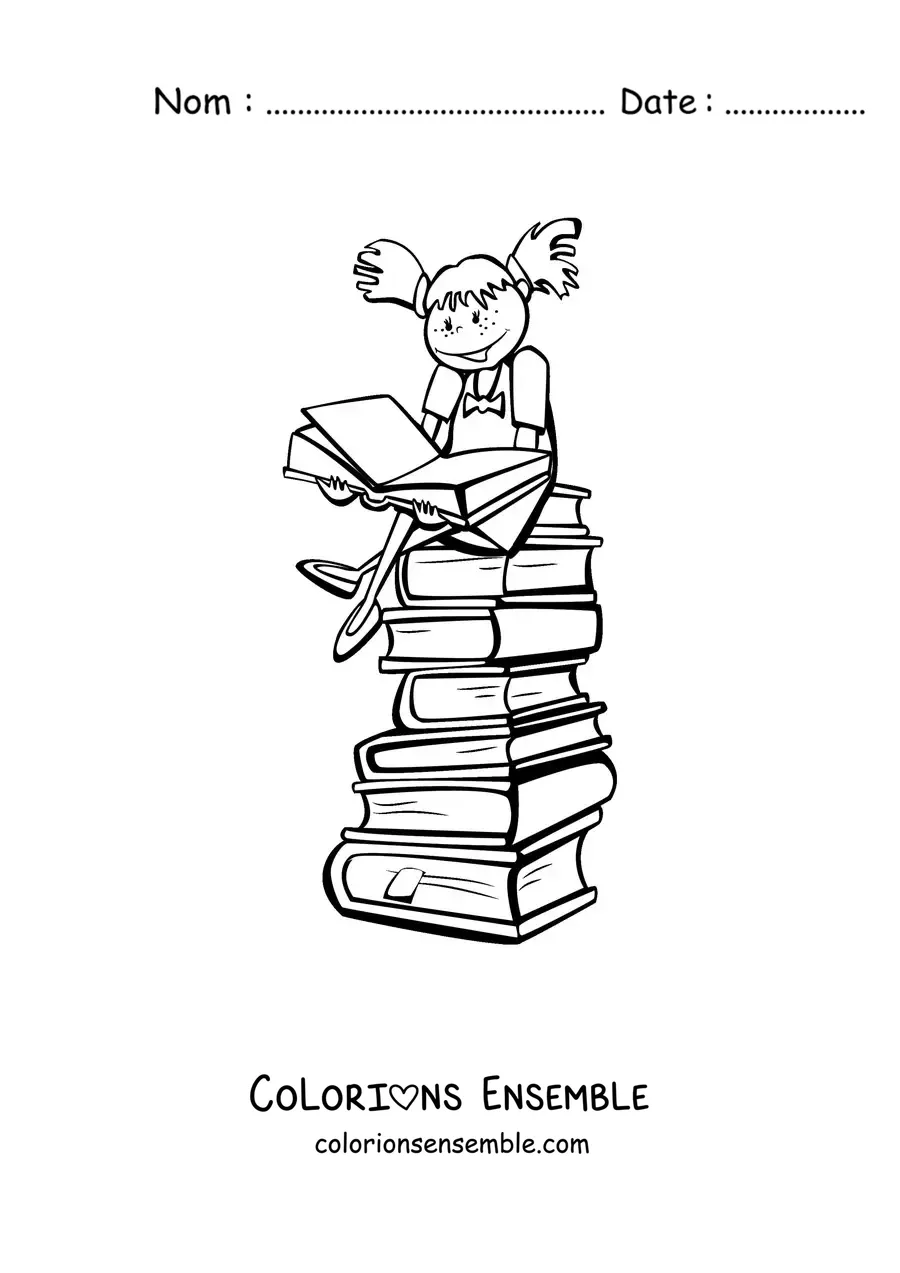 Image à colorier d'une petite fille lisant assise sur une pile de livres