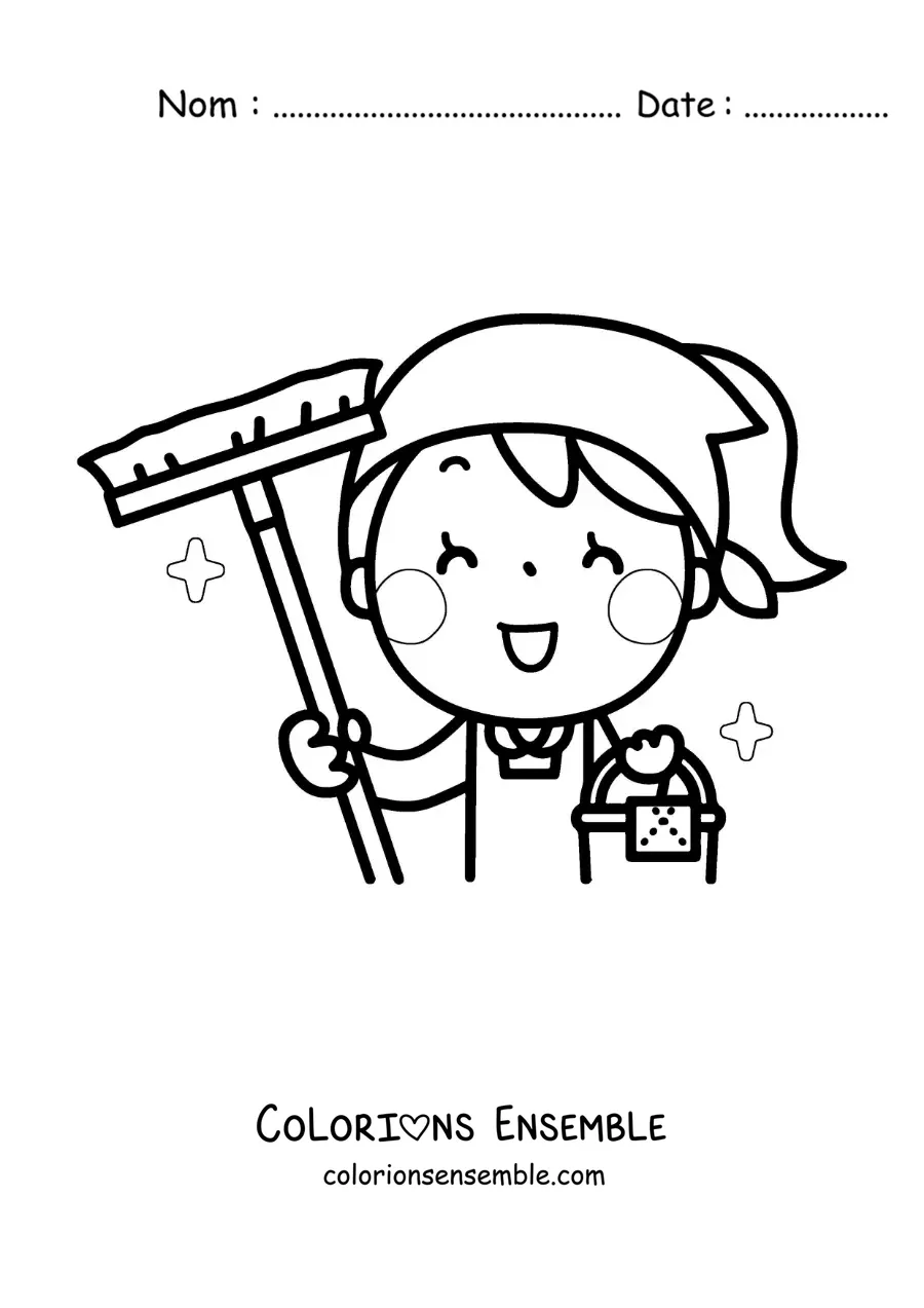 Image à colorier d’une maman en dessin animé avec des produits de nettoyage