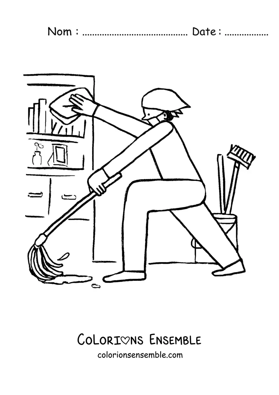Image à colorier d’une personne faisant le ménage et passant la serpillière à la maison
