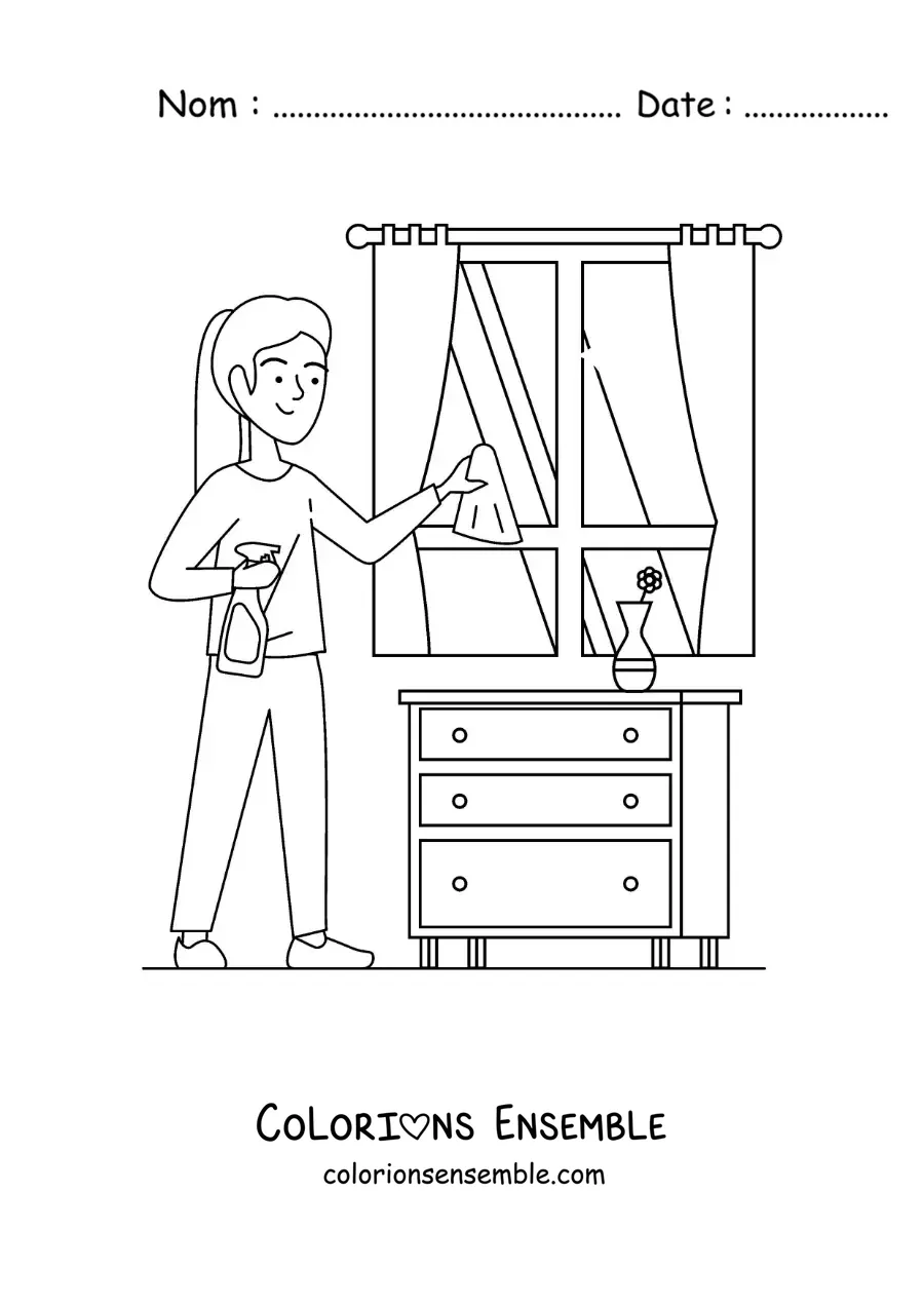 Image à colorier d’une jeune fille nettoyant les fenêtres de sa maison