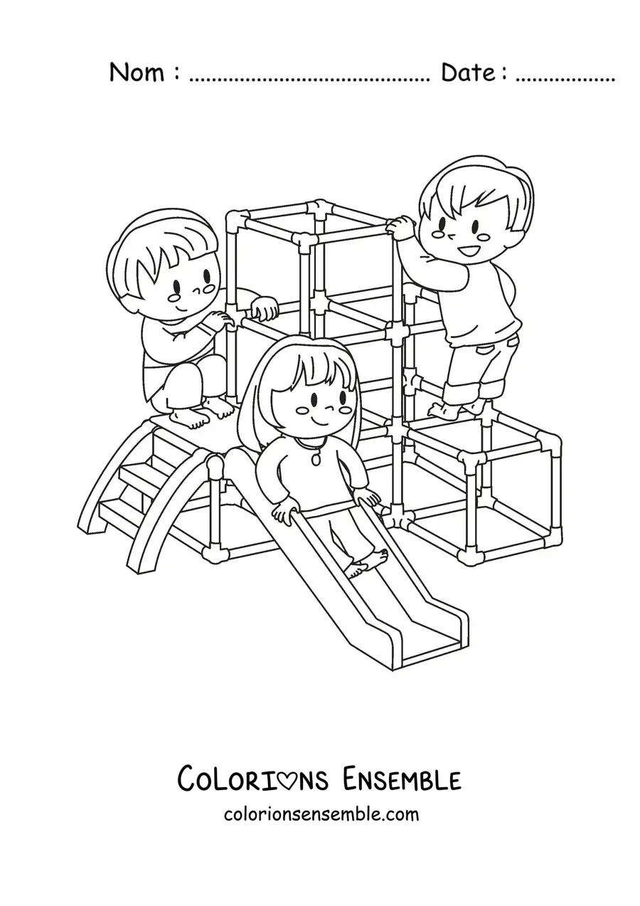 Image à colorier d'une fille et de deux garçons jouant dans le parc