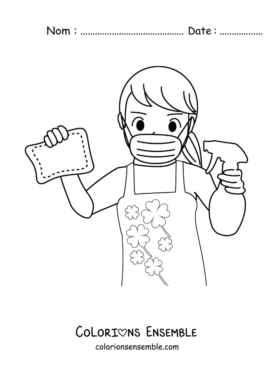 Image à colorier d’une maman avec des produits de nettoyage ménager