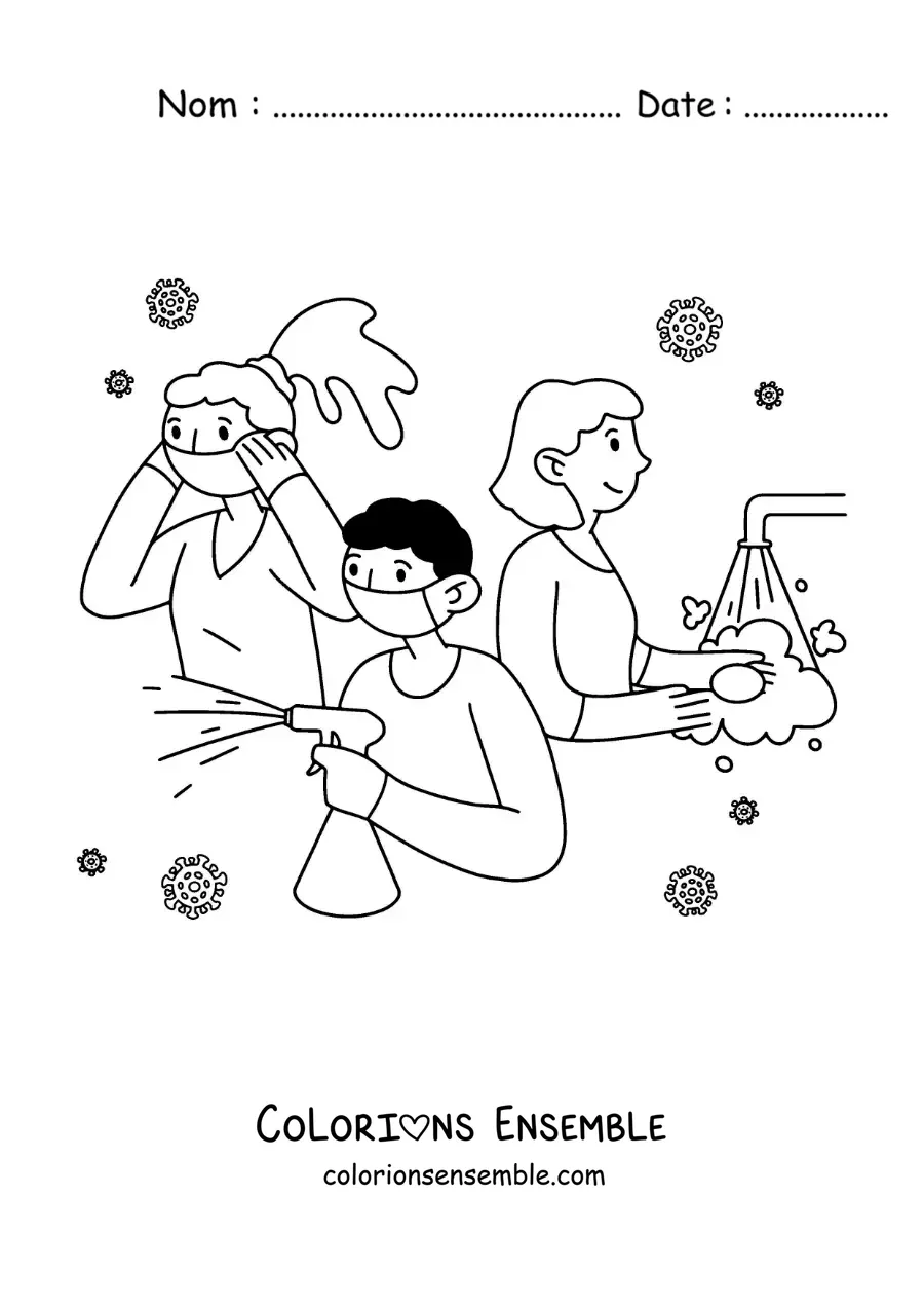 Image à colorier de 3 personnes nettoyant et désinfectant, avec le coronavirus en arrière-plan