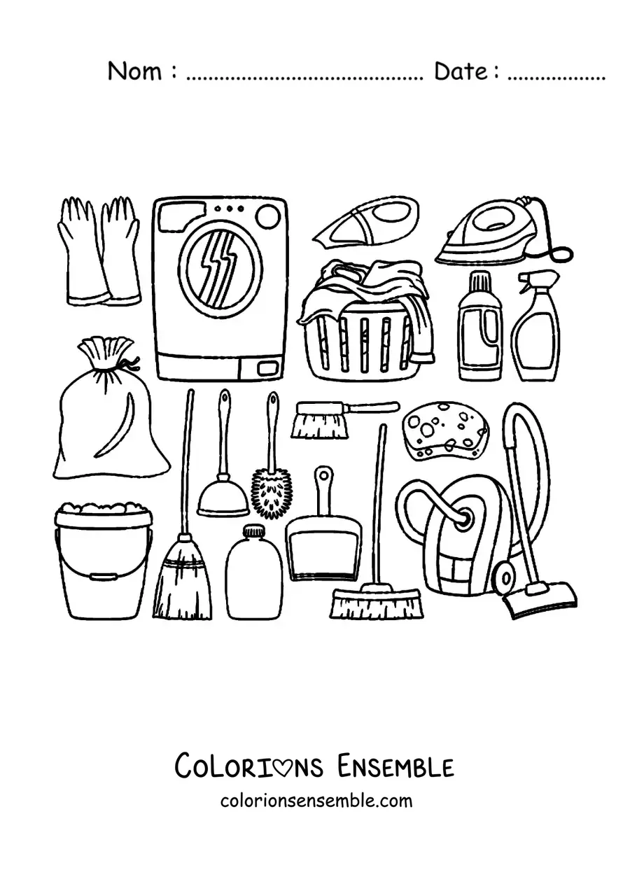 Image à colorier d’objets et de produits de nettoyage de la maison