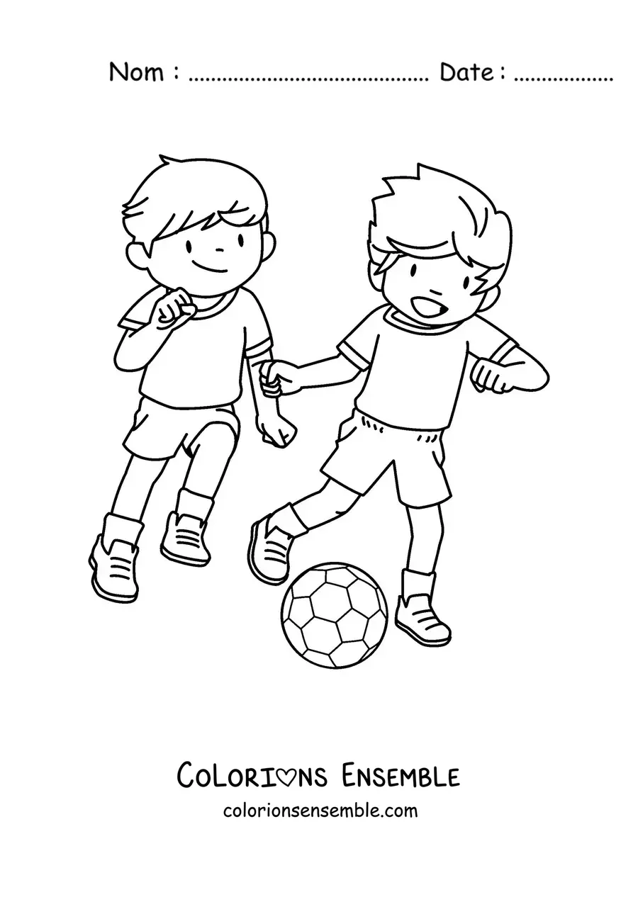 Image à colorier de deux enfants jouant au football