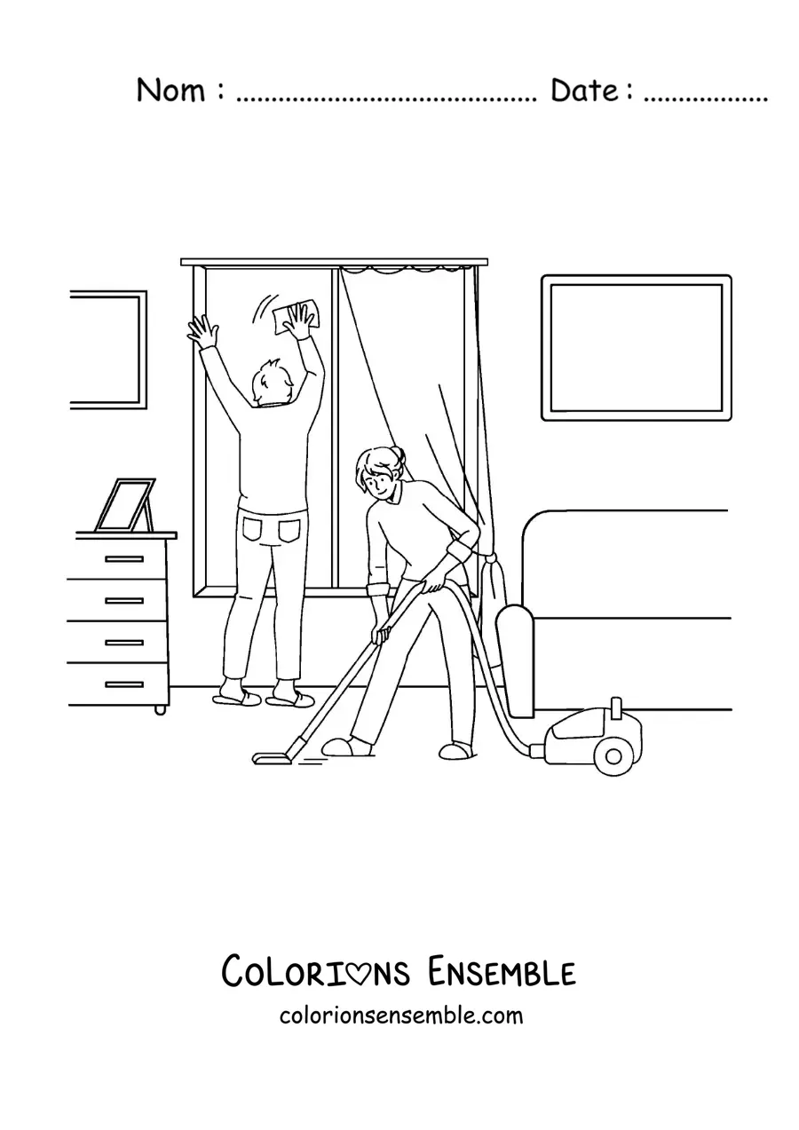 Image à colorier d’un couple nettoyant sa maison