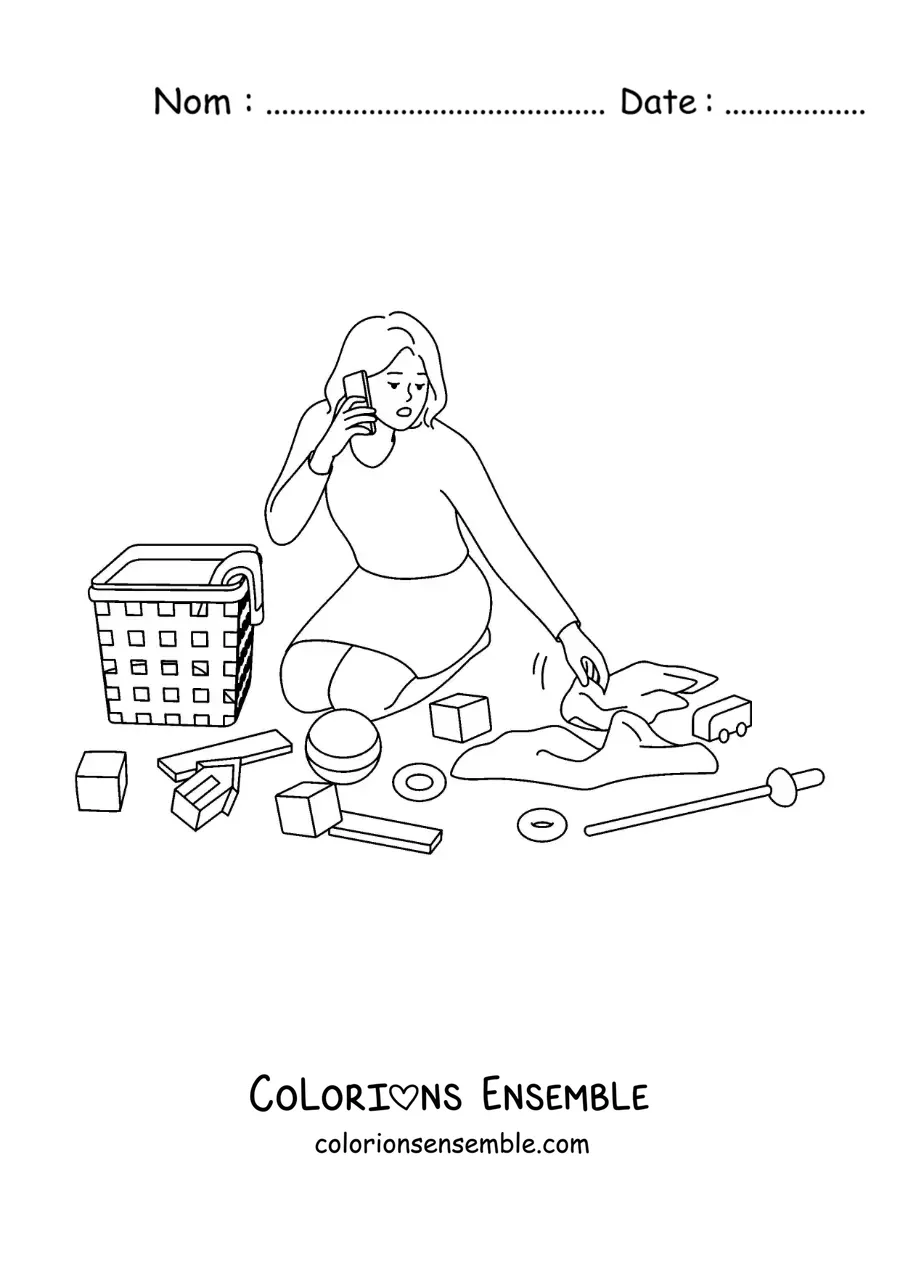 Image à colorier d’une maman ramassant les jouets de son enfant