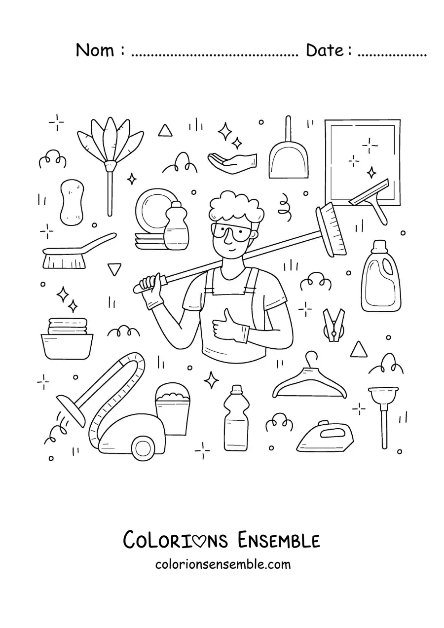 Image à colorier d’un homme avec des produits de nettoyage ménager