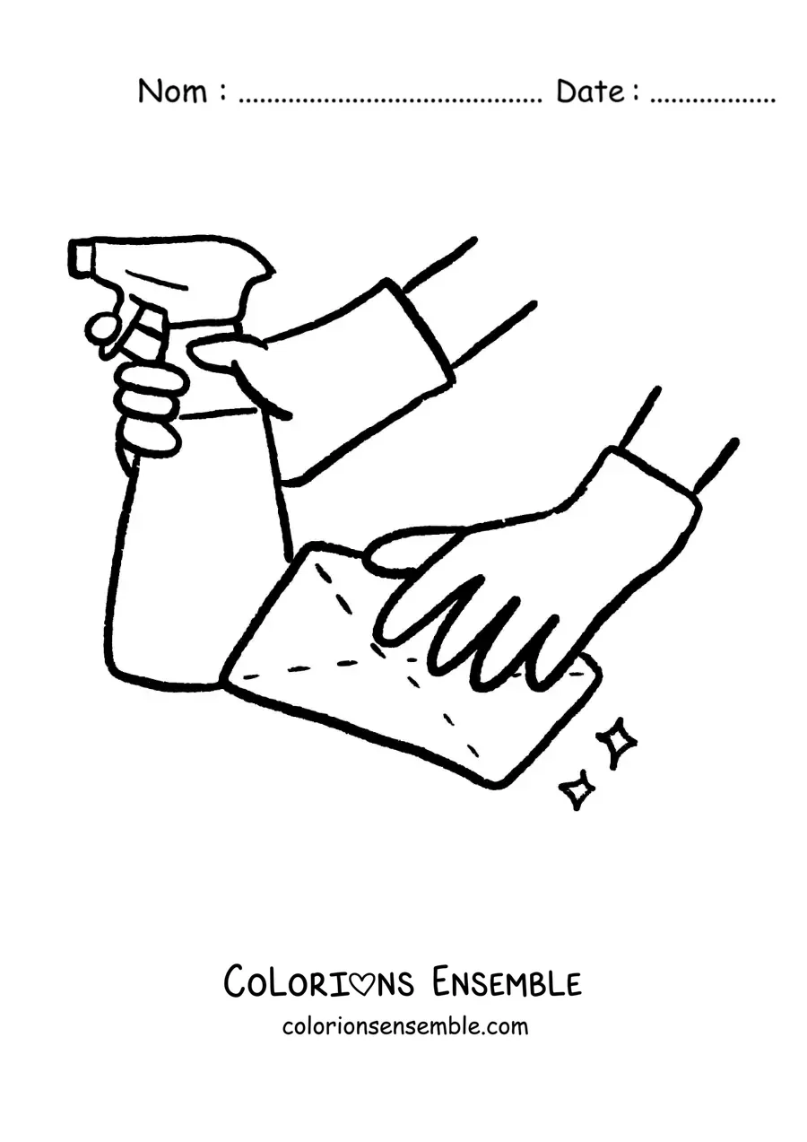 Image à colorier d’une paire de mains gantées faisant le ménage