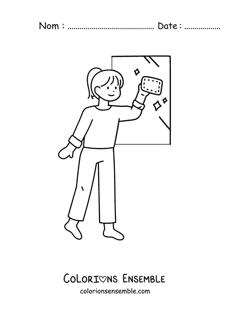 Image à colorier d’une fille nettoyant des fenêtres dans sa maison