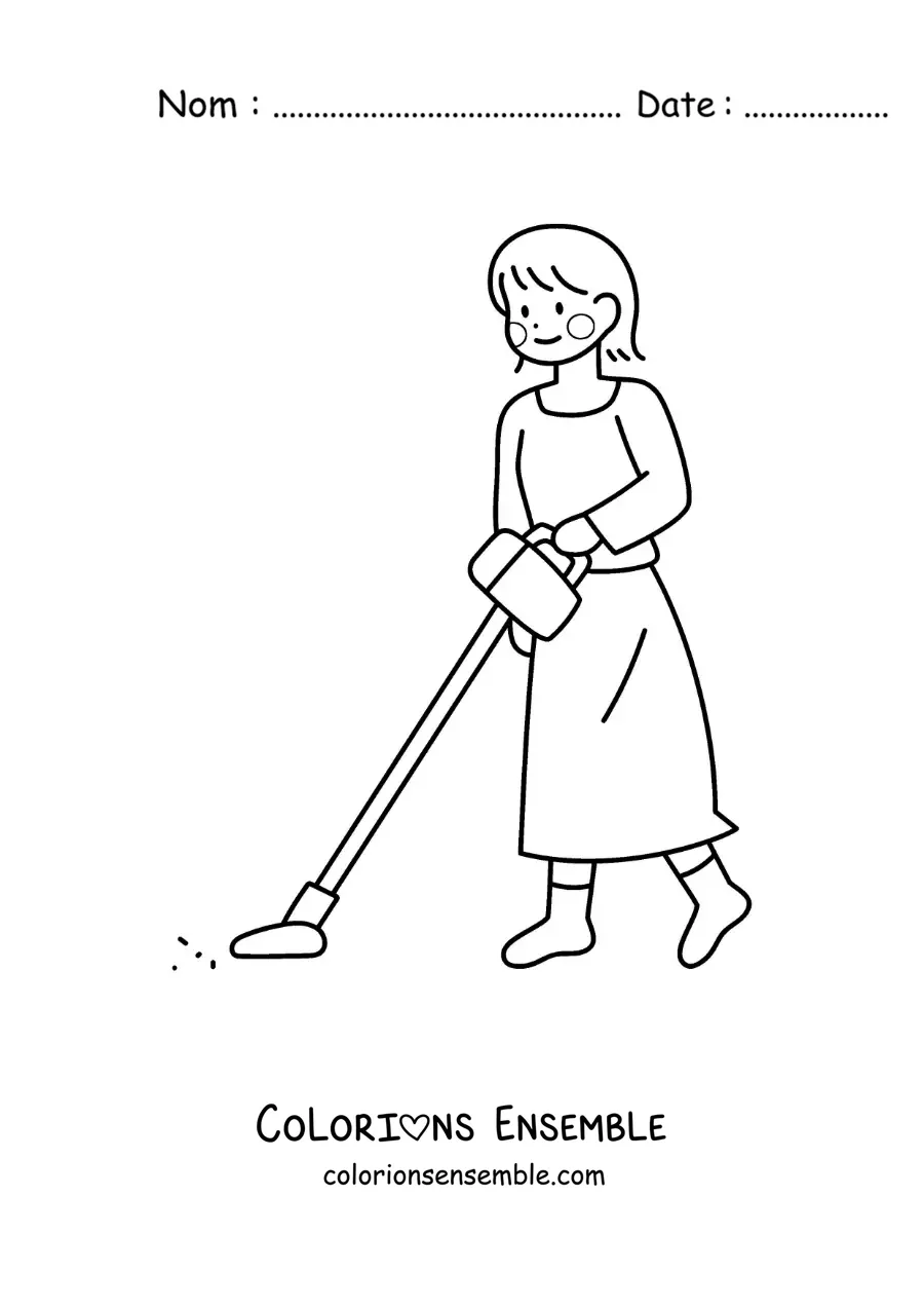 Image à colorier d’une maman passant l’aspirateur sur le sol de sa maison