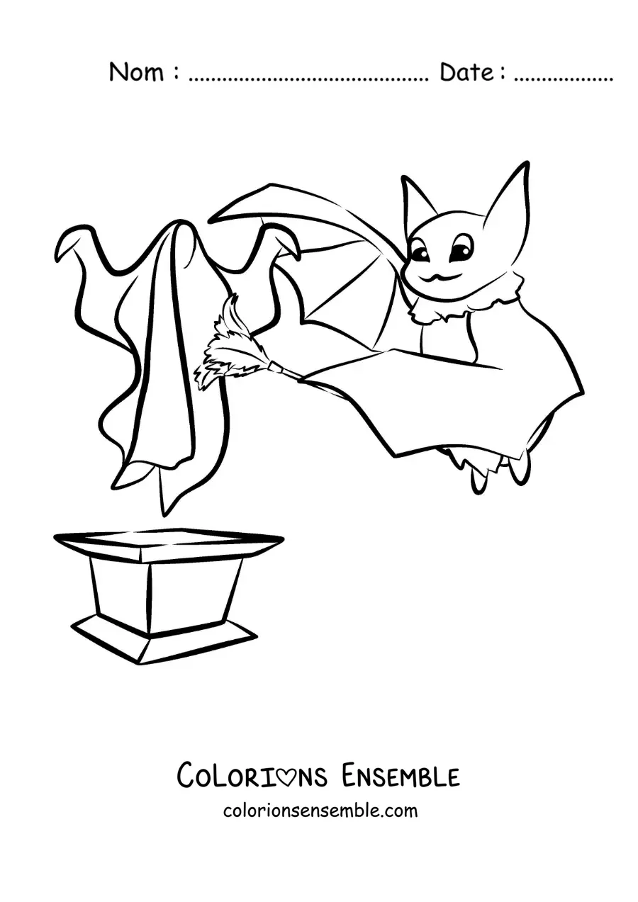 Image à colorier d’une chauve-souris en dessin animé époussetant un fantôme