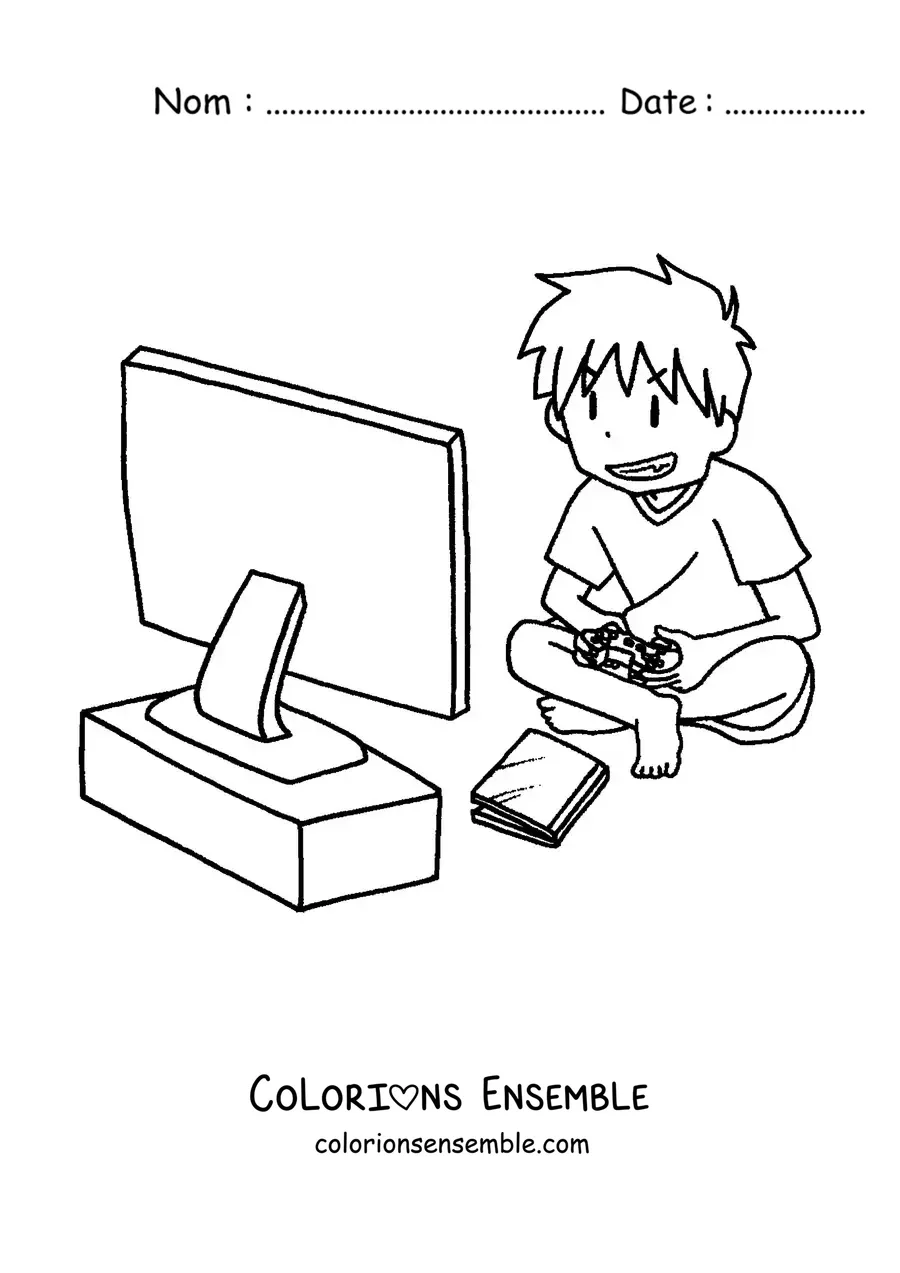 Image à colorier d'un garçon assis jouant aux jeux vidéo