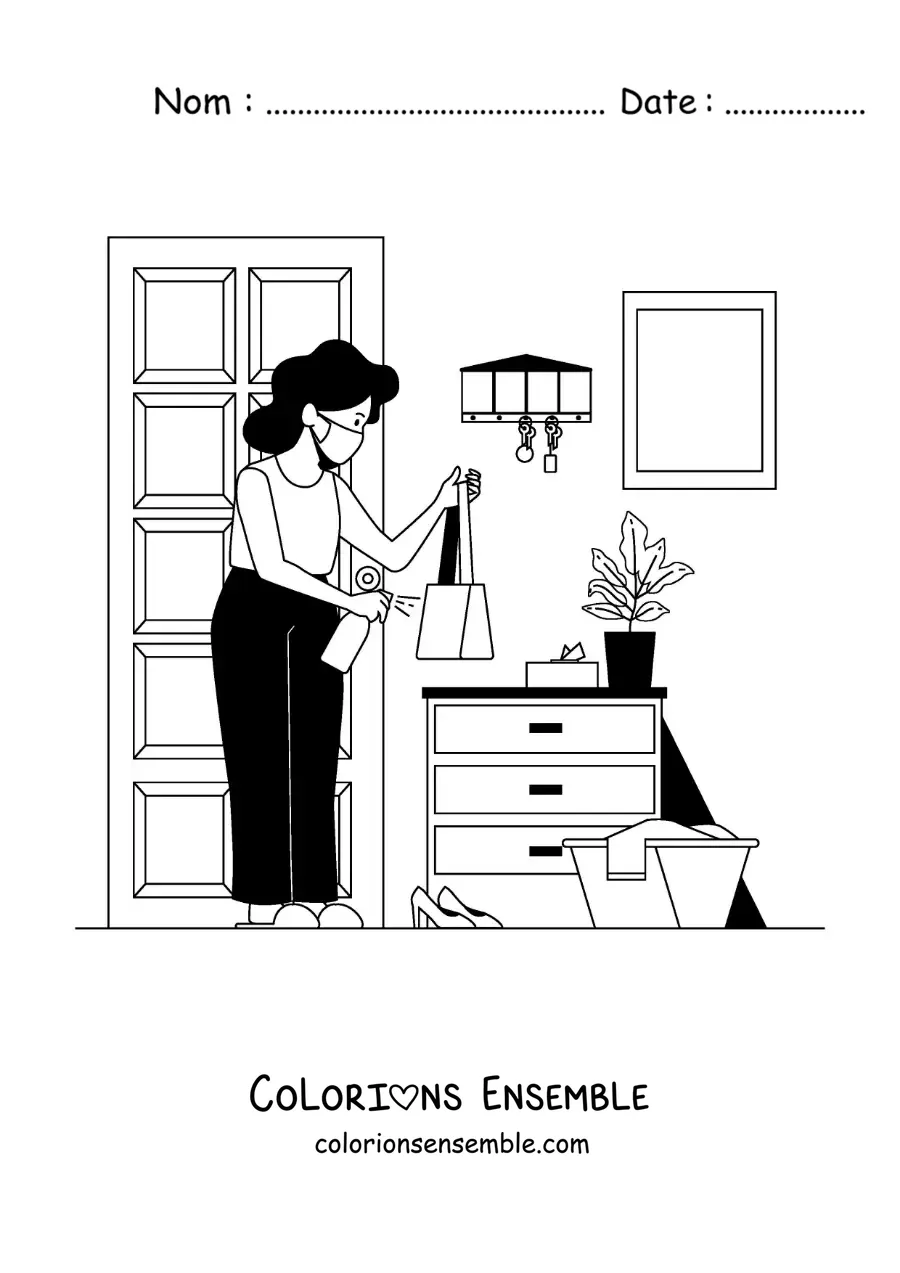 Image à colorier d’une maman faisant le ménage chez elle