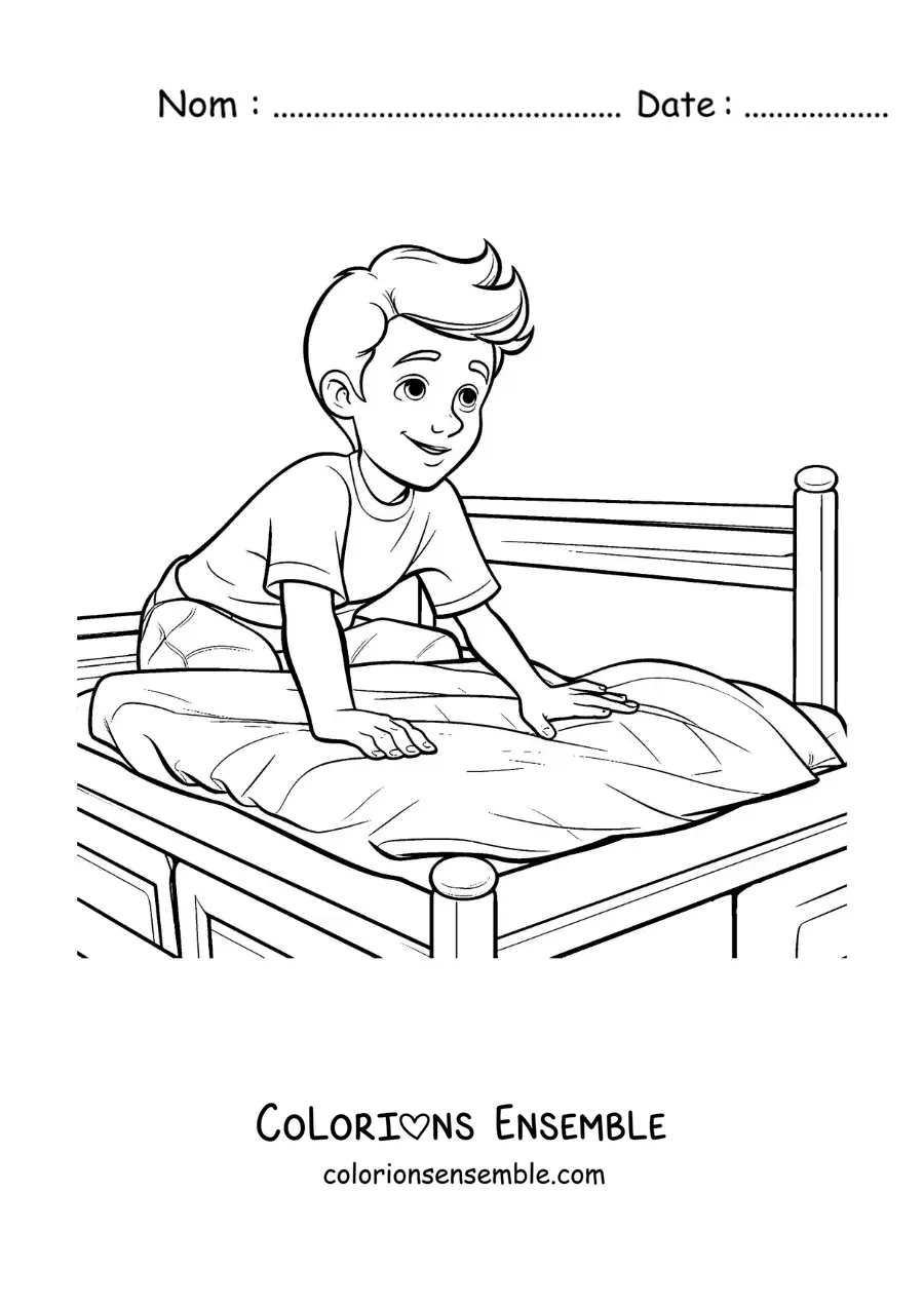 Image à colorier d’un garçon faisant son lit au réveil