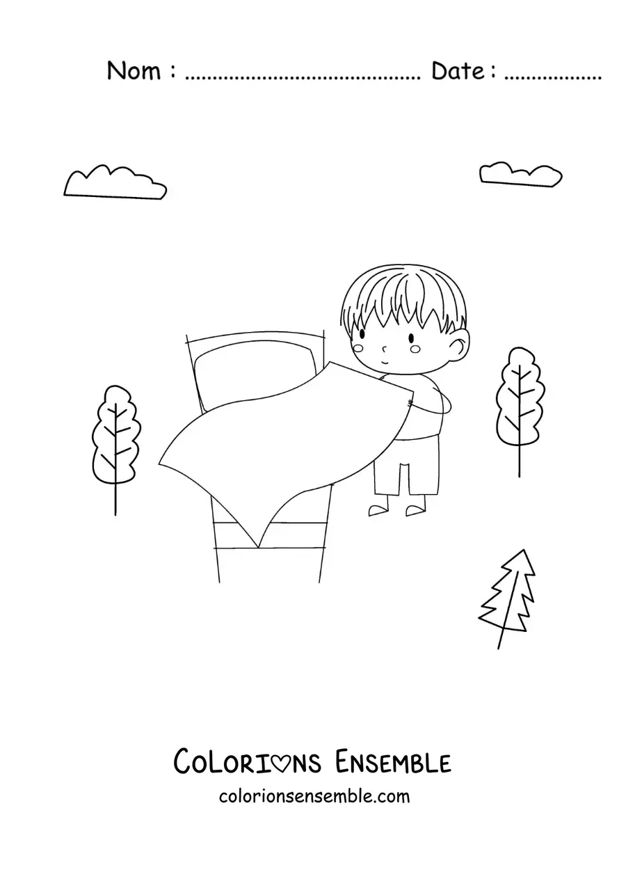 Image à colorier d’une fille faisant son lit le matin