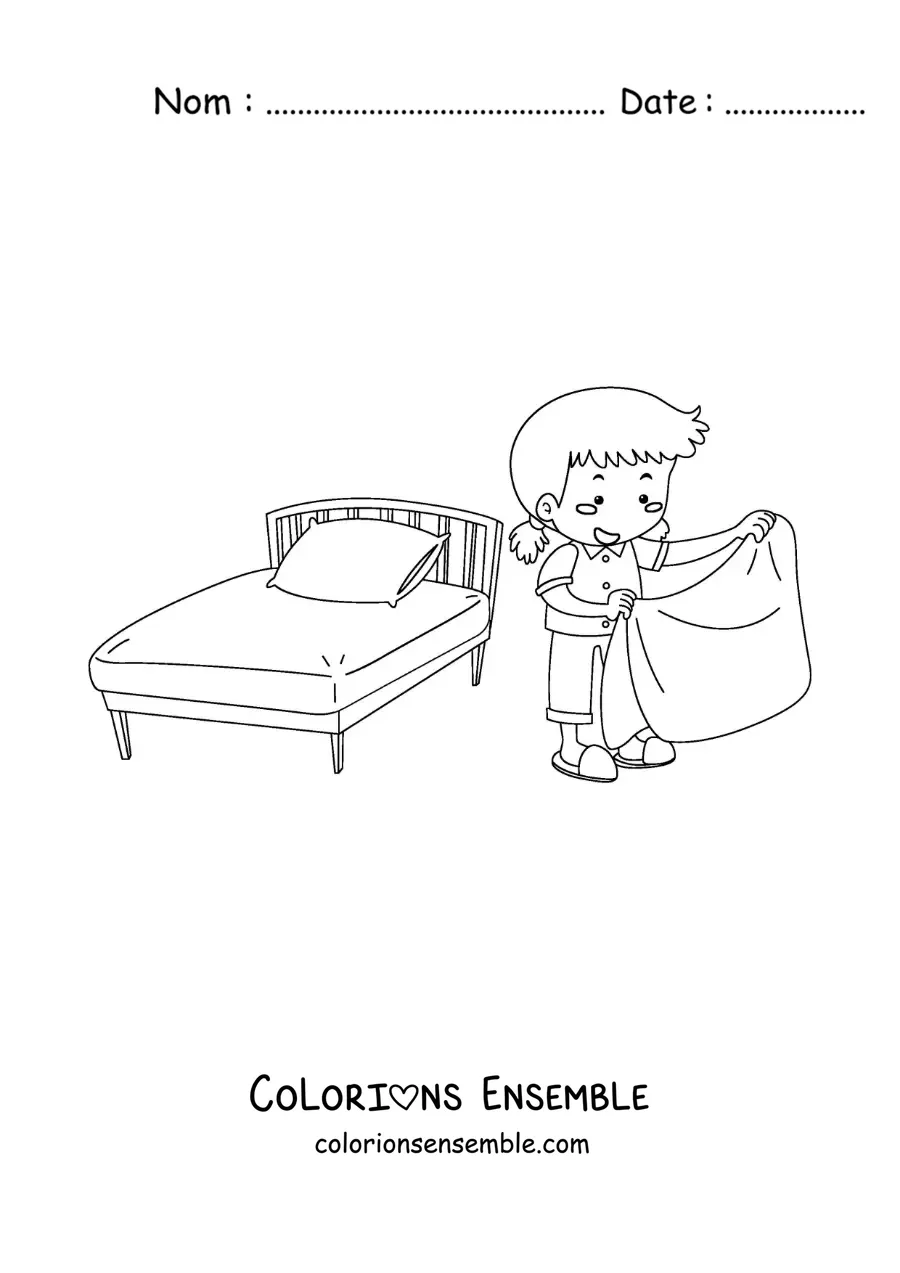 Image à colorier d’une fille faisant son lit au réveil