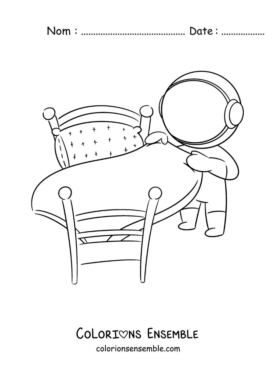 Image à colorier d’un astronaute en dessin animé faisant son lit