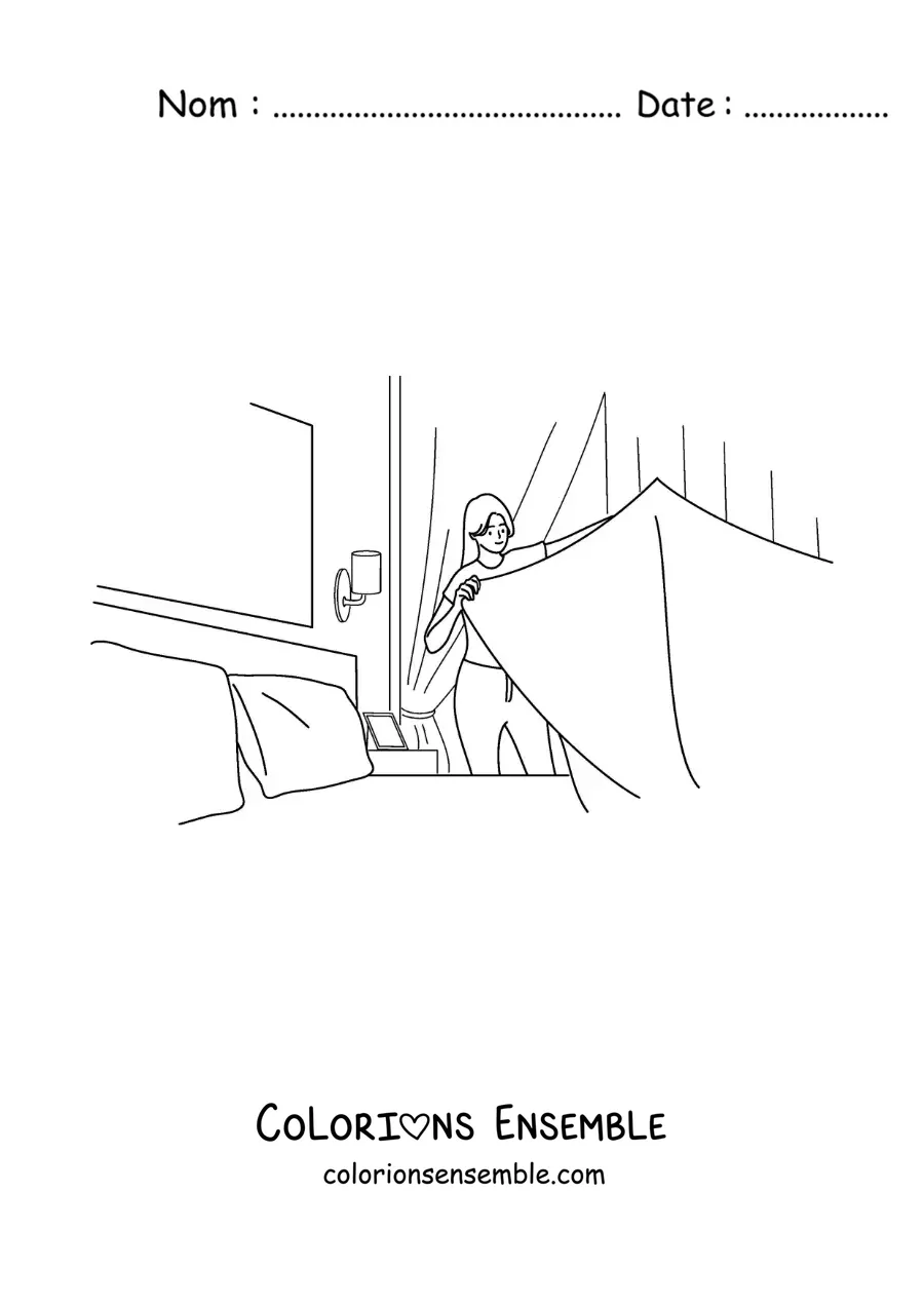 Image à colorier d’une femme faisant son lit dans sa chambre