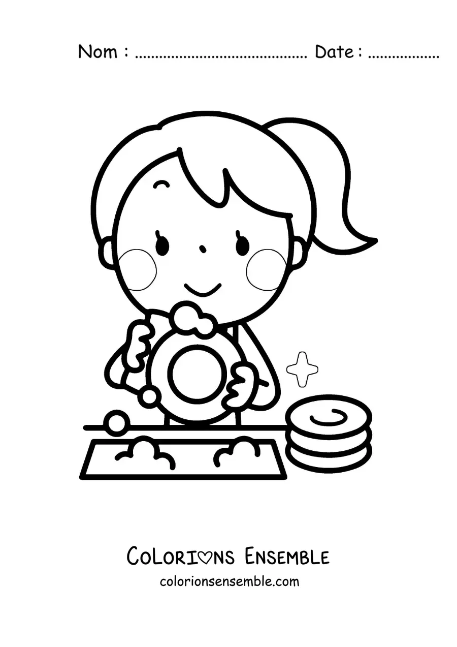Image à colorier d’une fille kawaii faisant la vaisselle