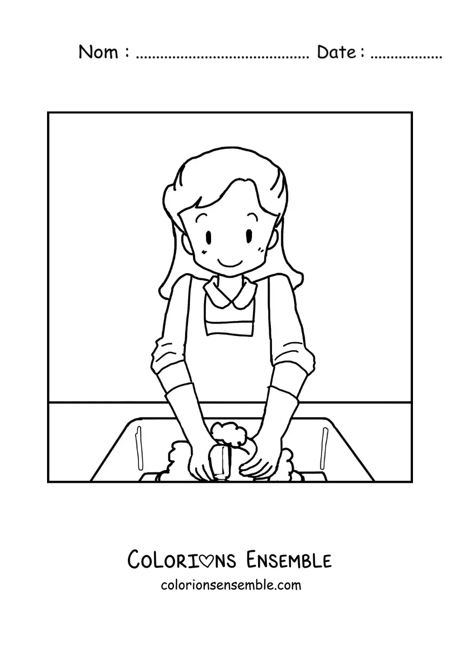 Image à colorier d’une maman en dessin animé faisant la vaisselle