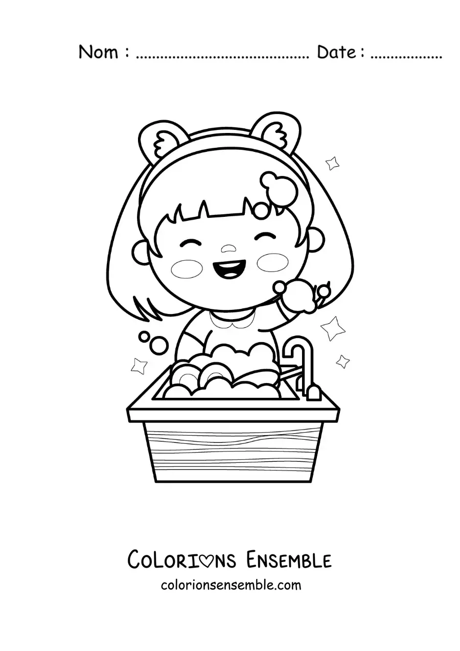Image à colorier d’une fille kawaii récurant la vaisselle dans l’évier
