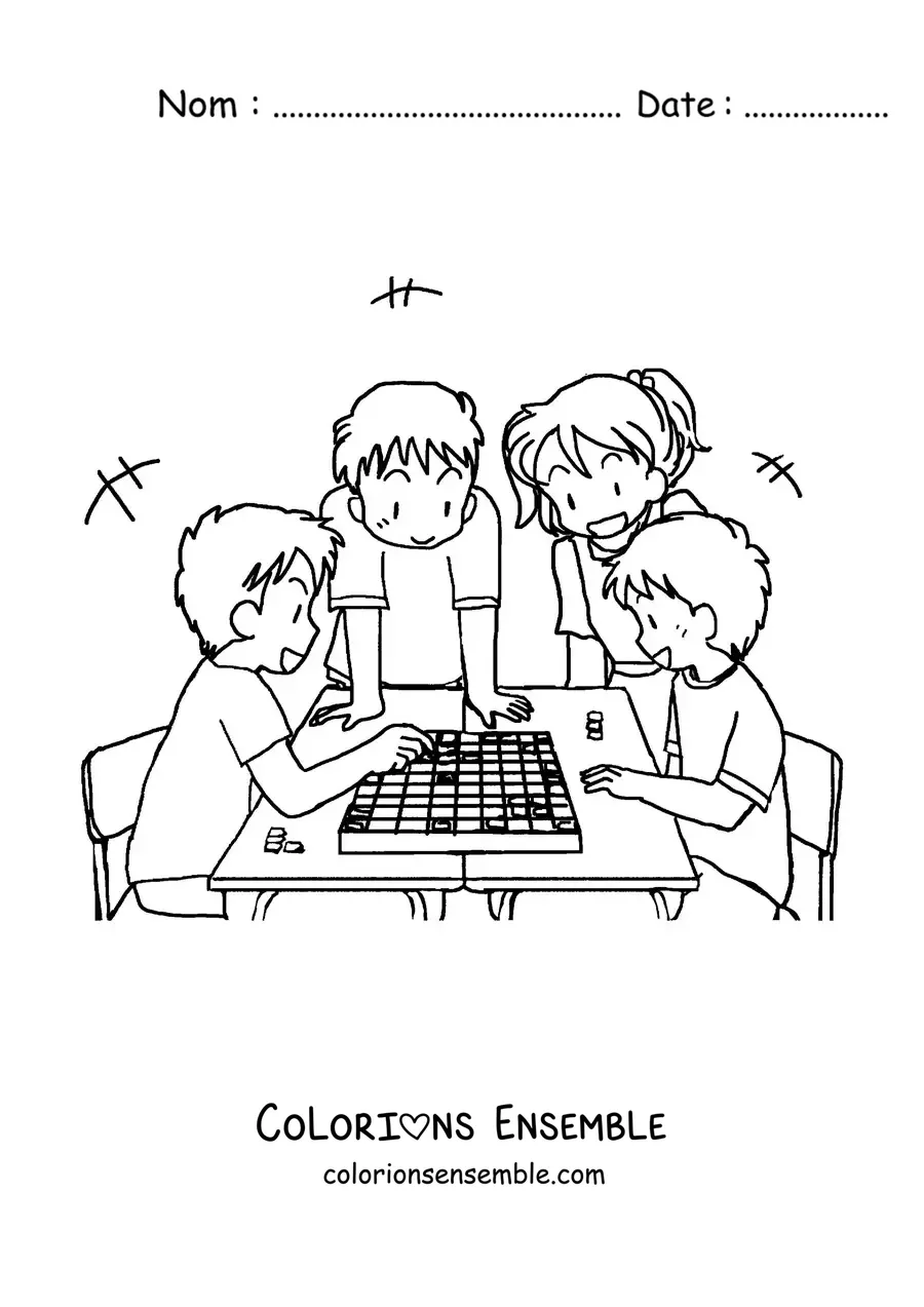 Image à colorier d'enfants jouant aux échecs japonais