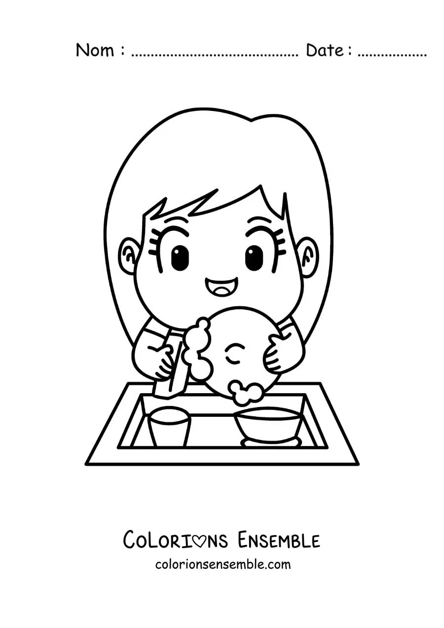 Image à colorier d’une fille en dessin animé faisant la vaisselle