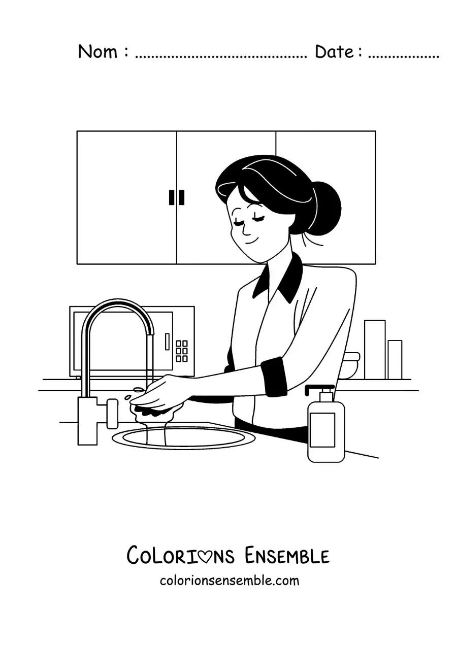 Image à colorier d’une maman faisant la vaisselle dans la cuisine