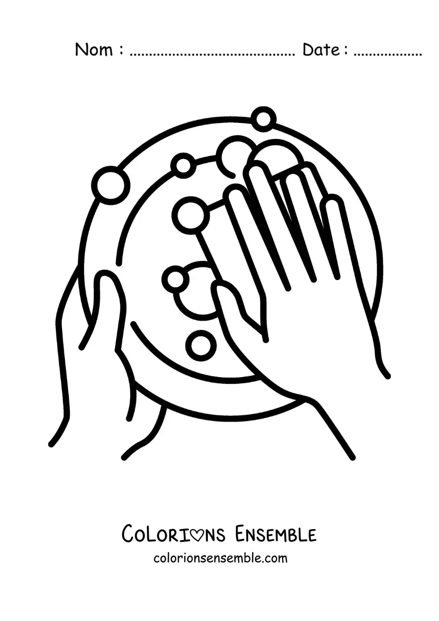 Image à colorier d’une paire de mains lavant la vaisselle avec une éponge