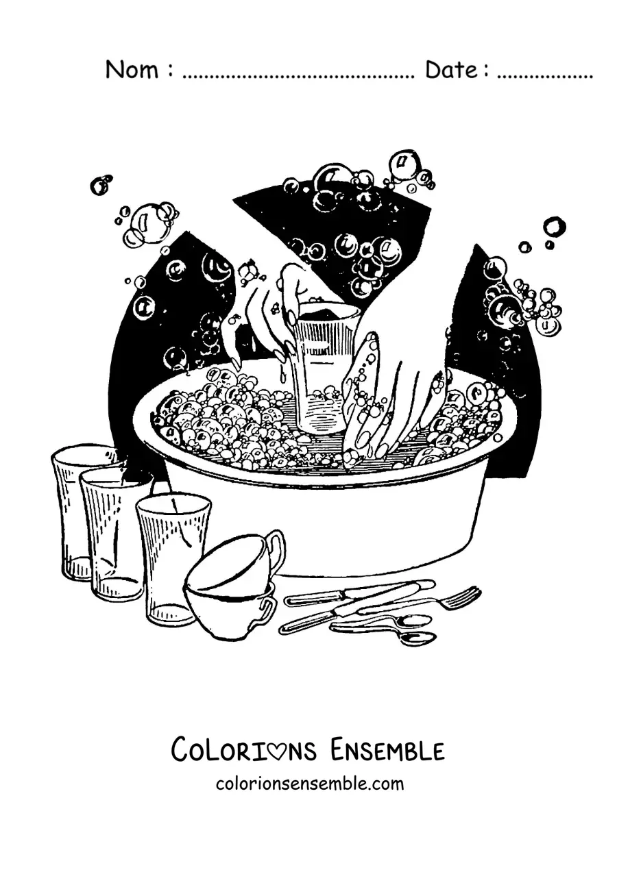 Image à colorier d’une paire de mains lavant la vaisselle dans une bassine