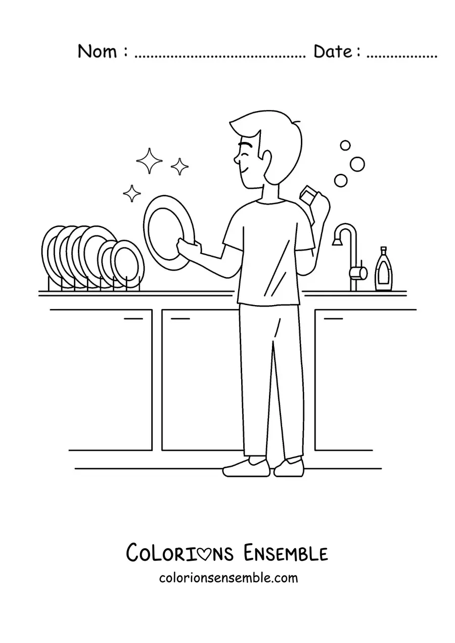 Image à colorier d’un père récurant la vaisselle dans la cuisine