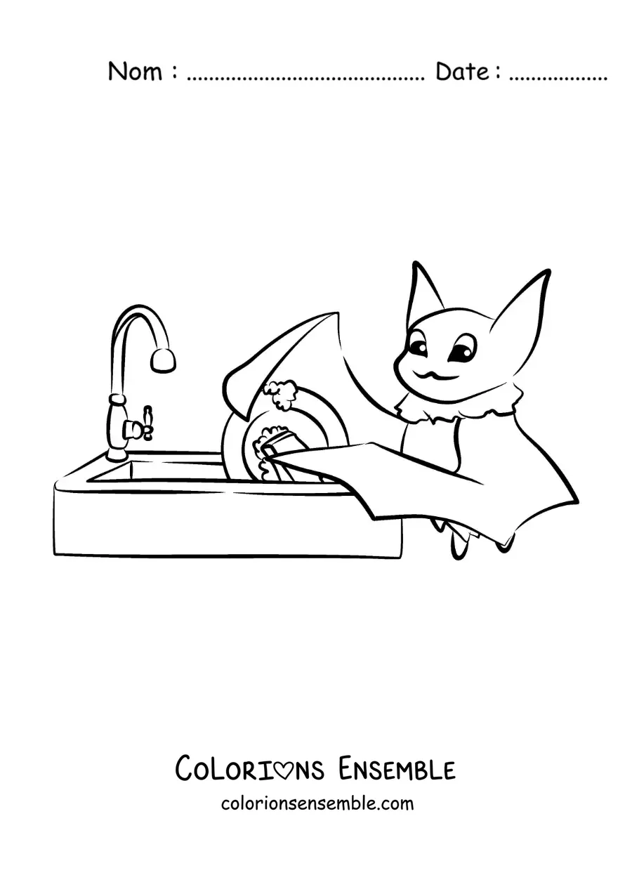 Image à colorier d’une chauve-souris faisant la vaisselle dans l’évier