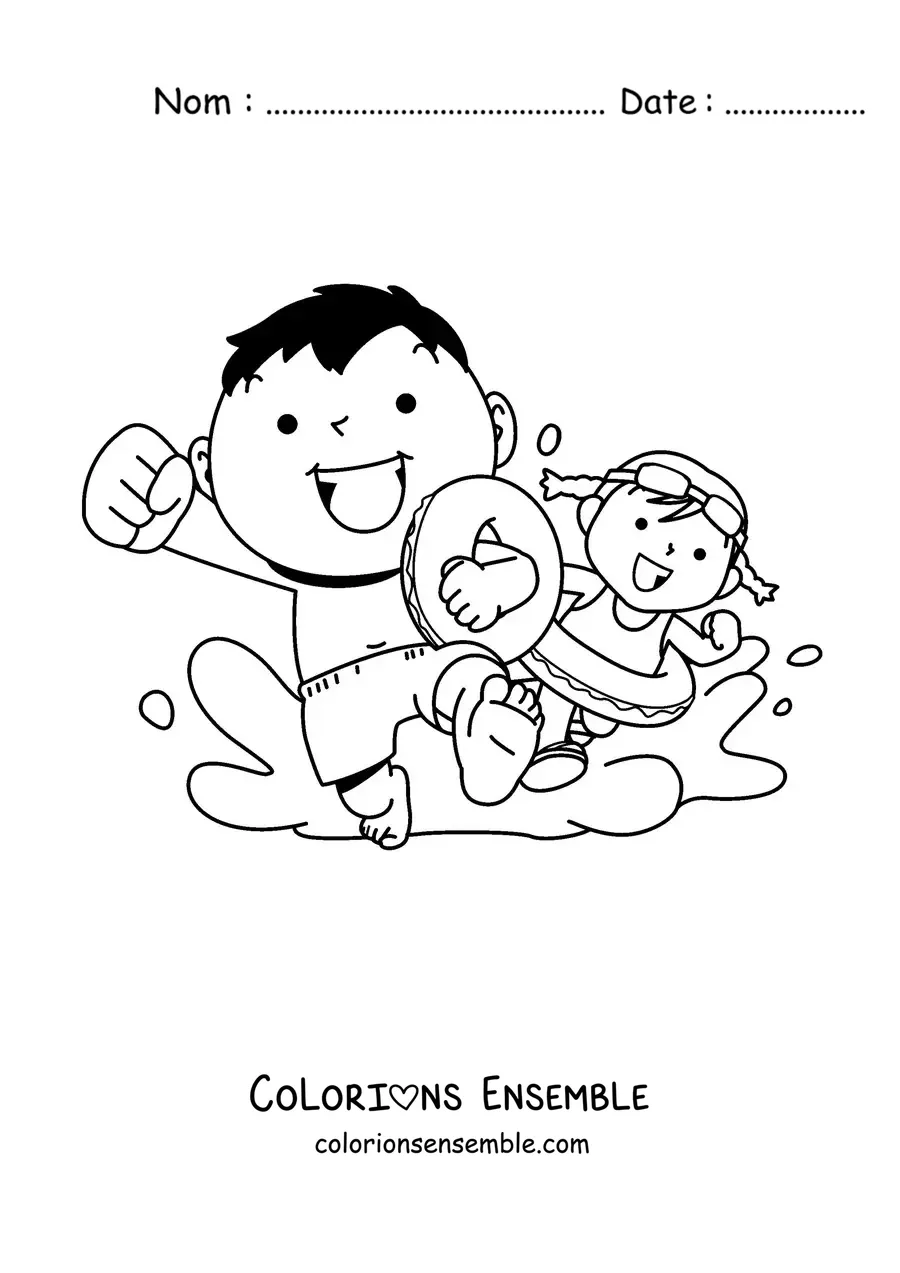 Image à colorier de deux enfants courant pour aller nager dans la piscine