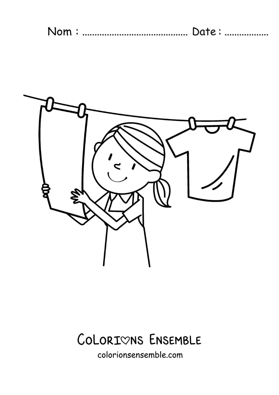 Image à colorier d’une fille suspendant le linge propre sur la corde à linge
